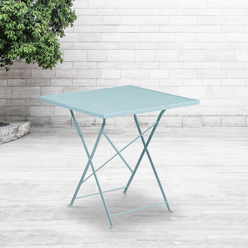 Commercial Grade 28 Square Sky Blue Indoor-Outdoor Steel Folding Patio Table