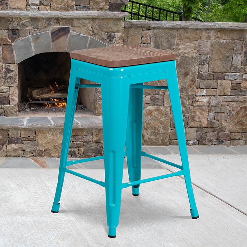 24 High Backless Crystal Teal-Blue Counter Height Stool With Square Wood Seat