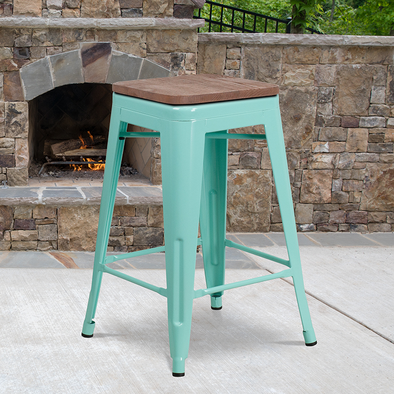 24 High Backless Mint Green Counter Height Stool With Square Wood Seat