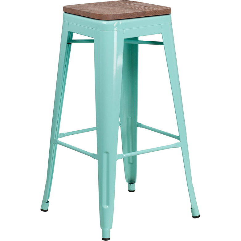 30 High Backless Mint Green Barstool With Square Wood Seat