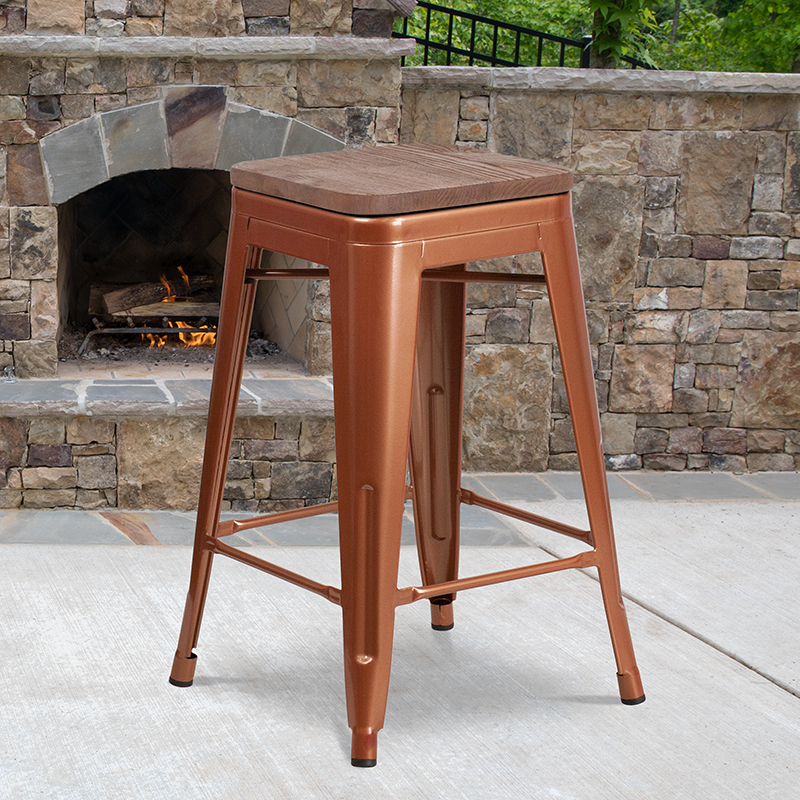 24 High Backless Copper Counter Height Stool With Square Wood Seat