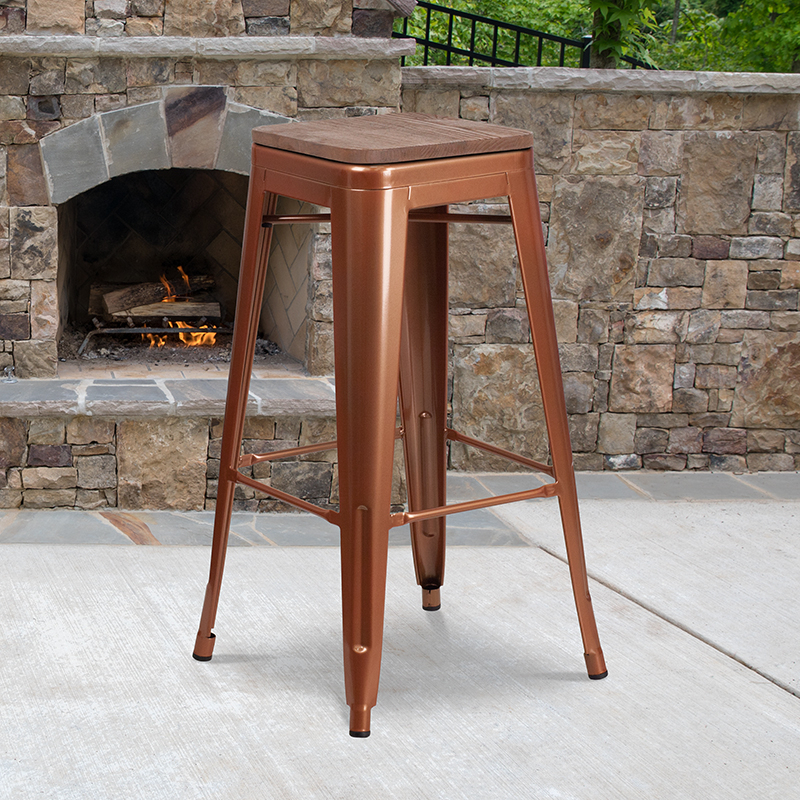 30 High Backless Copper Barstool With Square Wood Seat