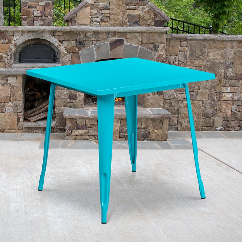 Commercial Grade 31.5 Square Crystal Teal-Blue Metal Indoor-Outdoor Table
