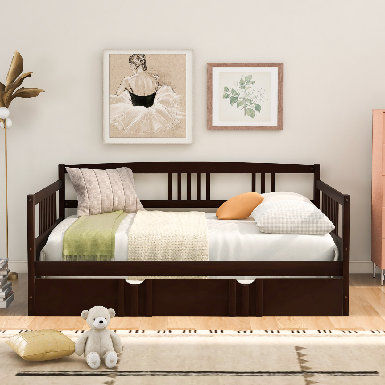 Full Size Daybed Wood Bed with Twin Size Trundle,Espresso