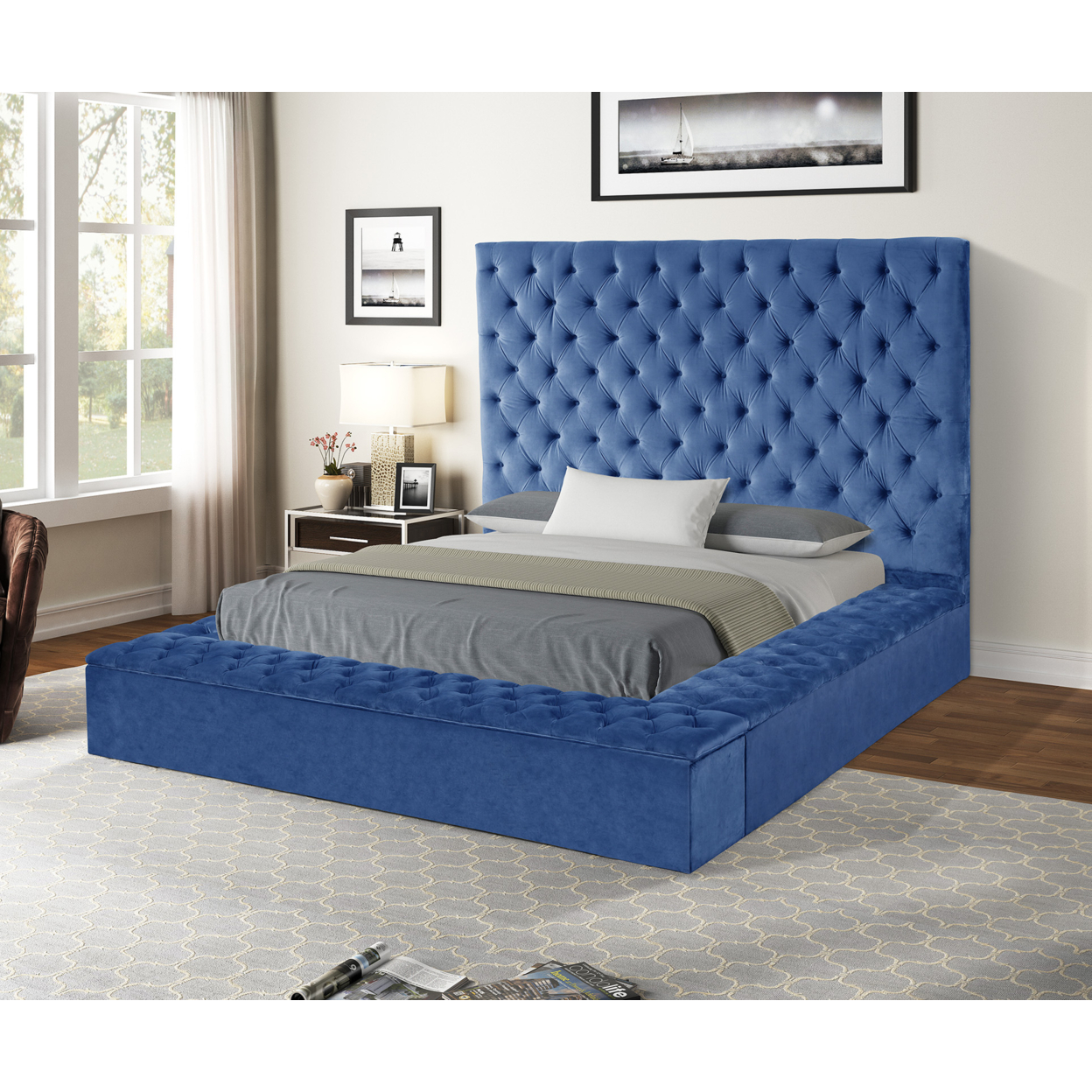 Nora Queen Size Tufted Upholstery Storage Bed made with Wood in Blue