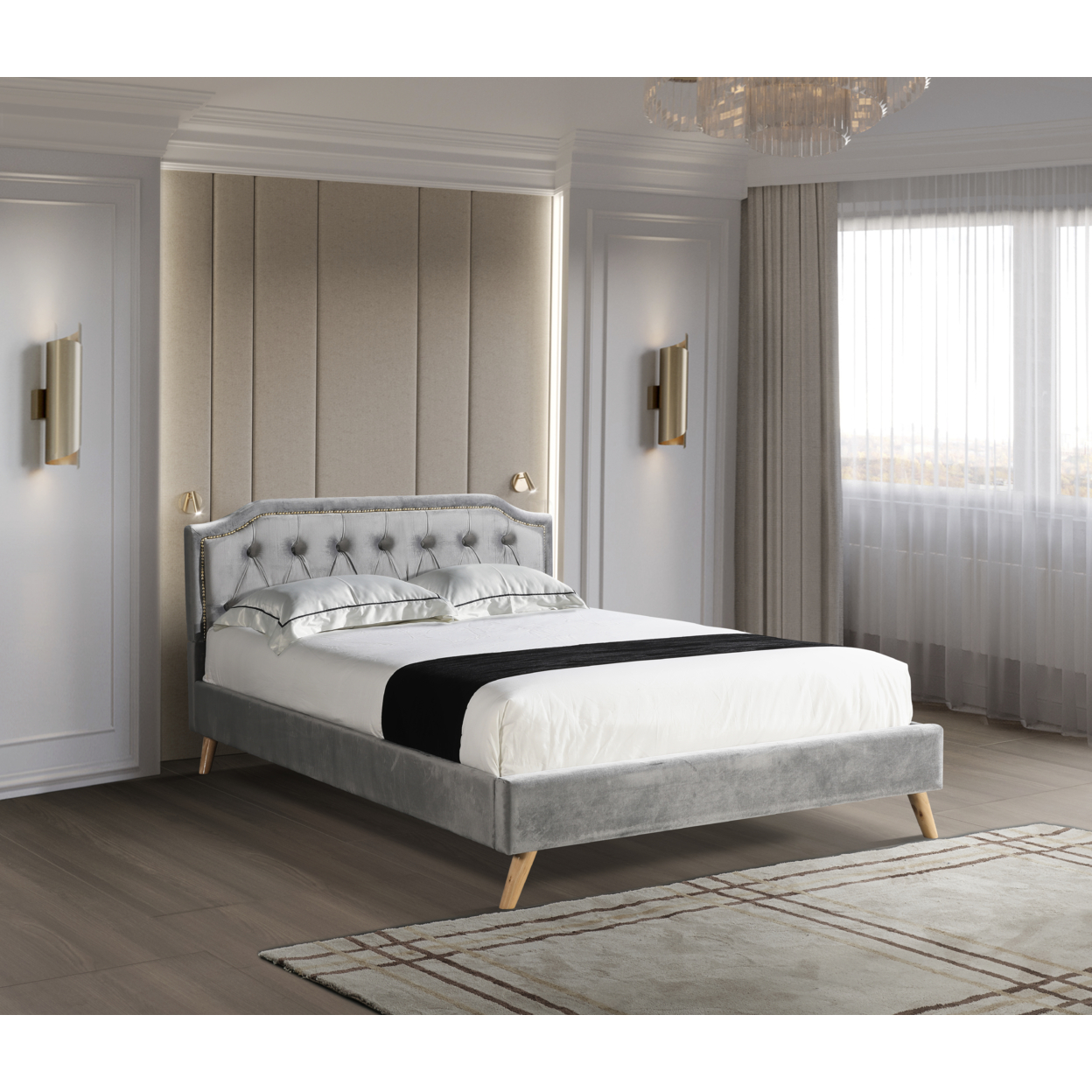 Full Size upholstered platform bed gray fabric bed frame