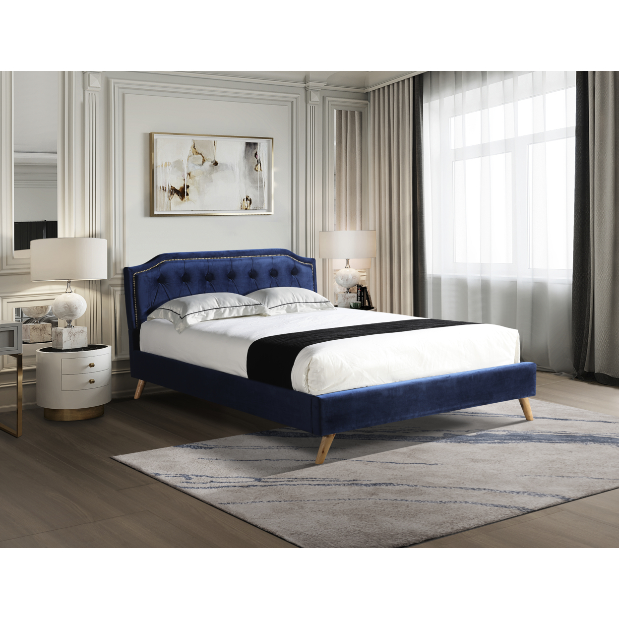 Full Size upholstered platform bed navy fabric bed frame