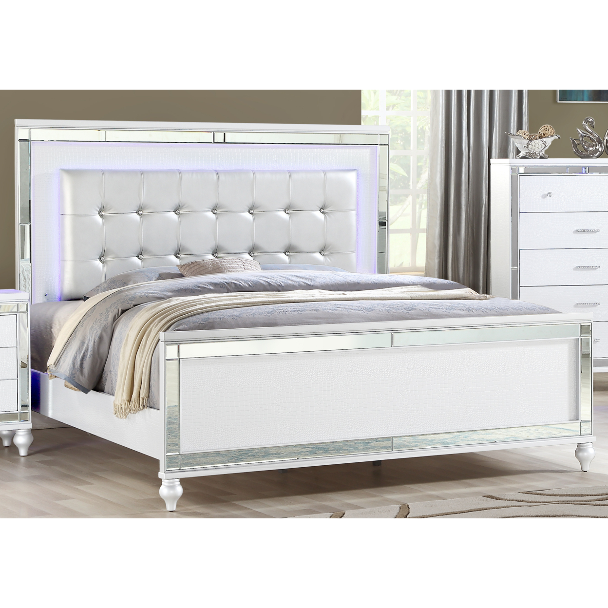 Sterling Queen Size Upholstered LED Bed made with wood in White Color