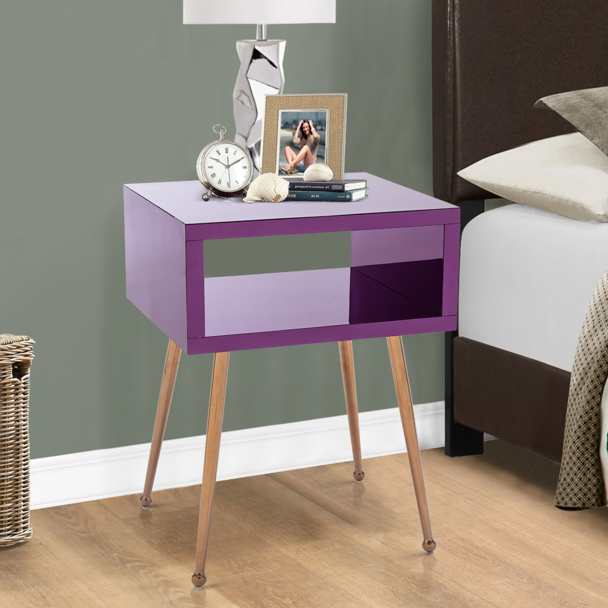 COOLMORE MIRROR END TABLE MIRROR NIGHTSTAND END&SIDE TABLE (Purple color)