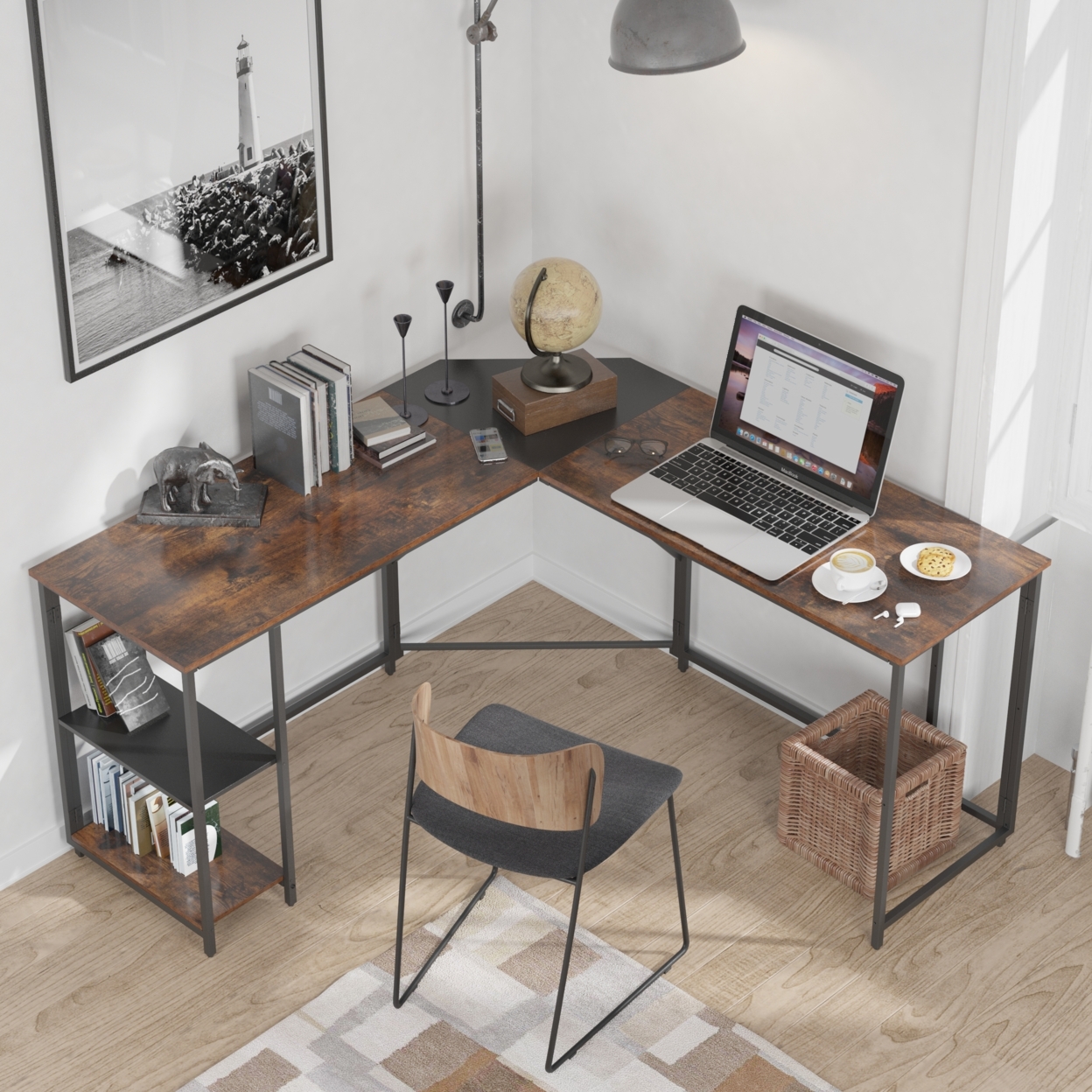 L-shaped black linen + retro double color matching desk