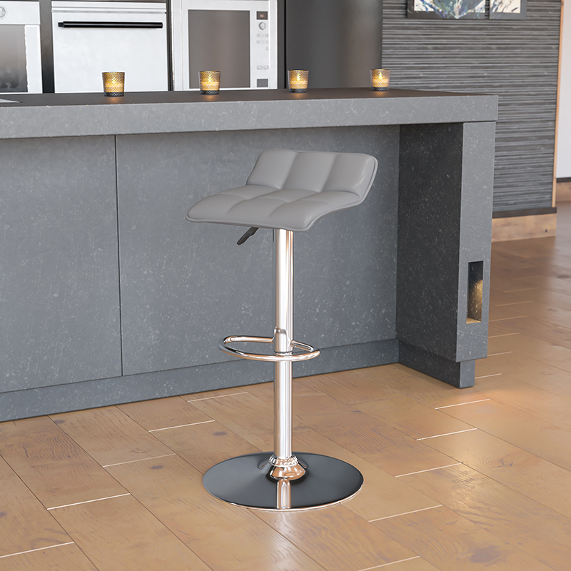 Contemporary Gray Vinyl Adjustable Height Barstool With Quilted Wave Seat And Chrome Base DS-801B-GY-GG