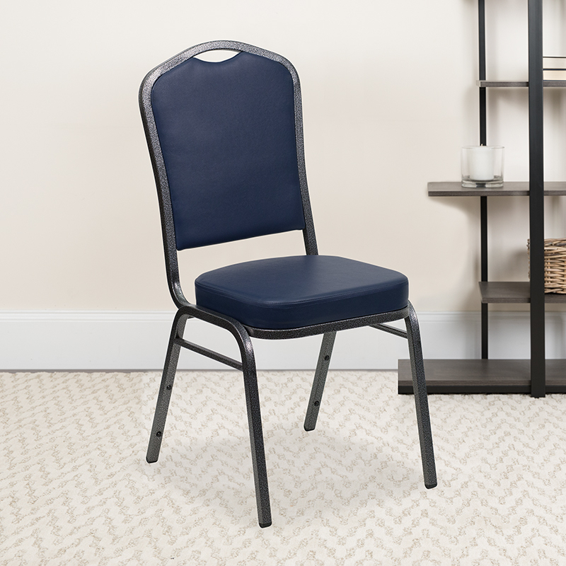 HERCULES Series Crown Back Stacking Banquet Chair In Navy Vinyl - Silver Vein Frame FD-C01-SILVERVEIN-NY-VY-GG