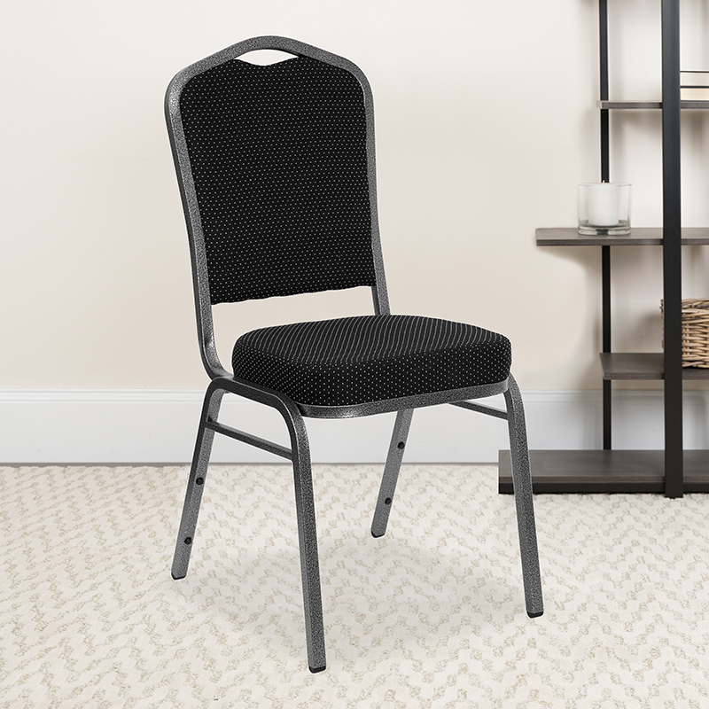 HERCULES Series Crown Back Stacking Banquet Chair In Black Dot Patterned Fabric - Silver Vein Frame FD-C01-SILVERVEIN-S076-GG