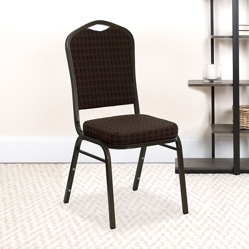 HERCULES Series Crown Back Stacking Banquet Chair In Brown Patterned Fabric - Gold Vein Frame NG-C01-BROWN-GV-GG