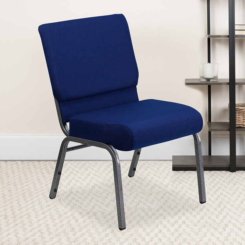 HERCULES Series 21W Stacking Church Chair In Navy Blue Fabric - Silver Vein Frame FD-CH0221-4-SV-NB24-GG