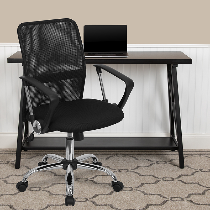 Mid-Back Black Mesh Swivel Task Office Chair With Lumbar Support Band And Arms GO-6057-GG
