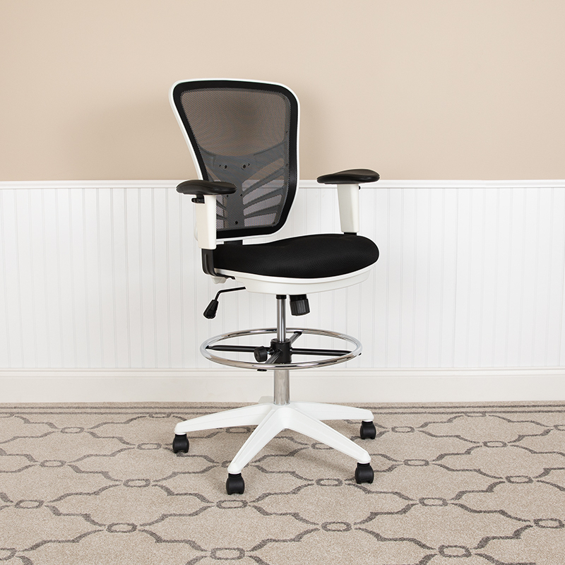 Mid-Back Black Mesh Ergonomic Drafting Chair With Adjustable Chrome Foot Ring, Adjustable Arms And White Frame HL-0001-1CWHITE-GG