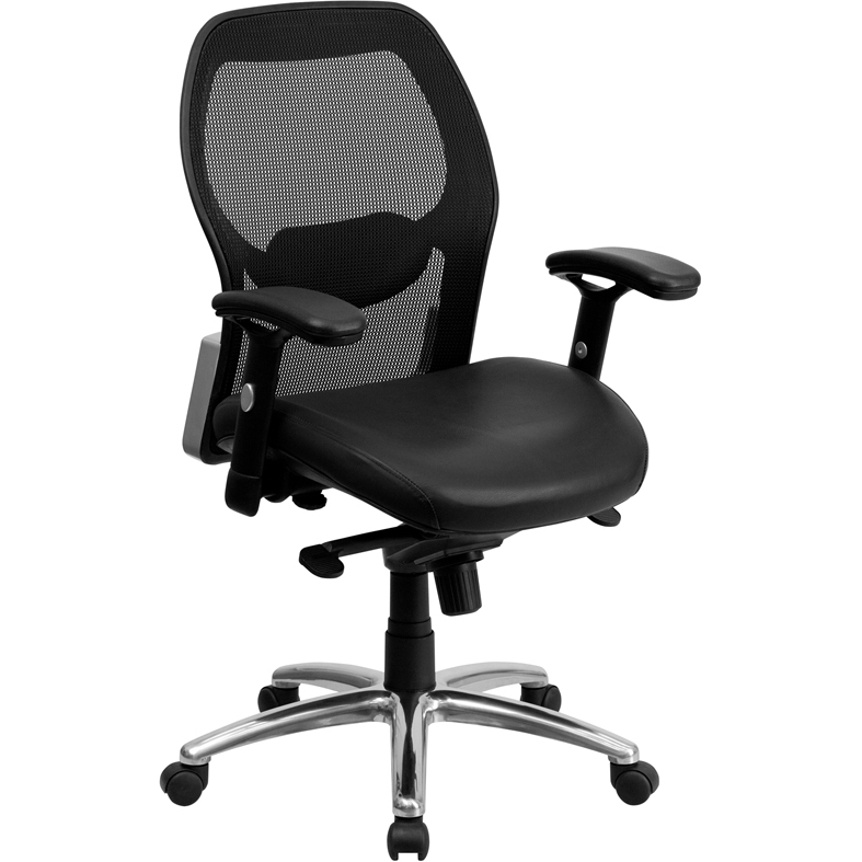 Mid-Back Black Super Meshutive Swivel Office Chair With LeatherSoft Seat, Knee Tilt Control And Adjustable Lumbar And Arms LF-W42-L-GG