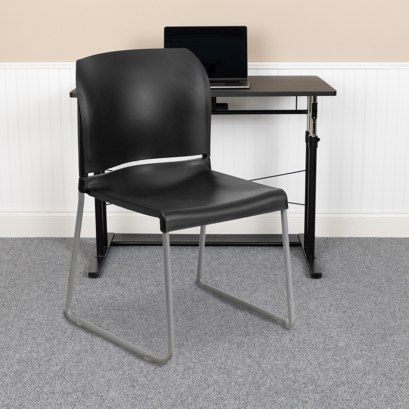 HERCULES Series 880 Lb. Capacity Black Full Back Contoured Stack Chair With Gray Powder Coated Sled Base RUT-238A-BK-GG