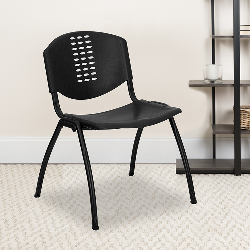HERCULES Series 880 Lb. Capacity Black Plastic Stack Chair With Oval Cutout Back And Black Frame RUT-NF01A-BK-GG