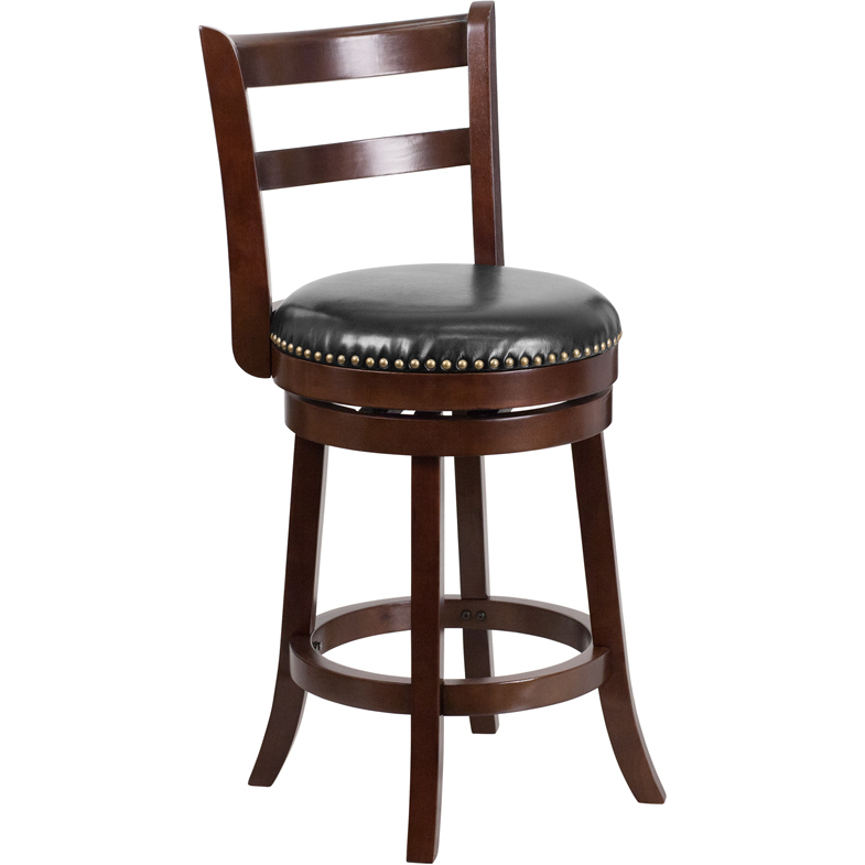 26 High Cappuccino Wood Counter Height Stool With Single Slat Ladder Back And Black LeatherSoft Swivel Seat TA-16026-CA-GG