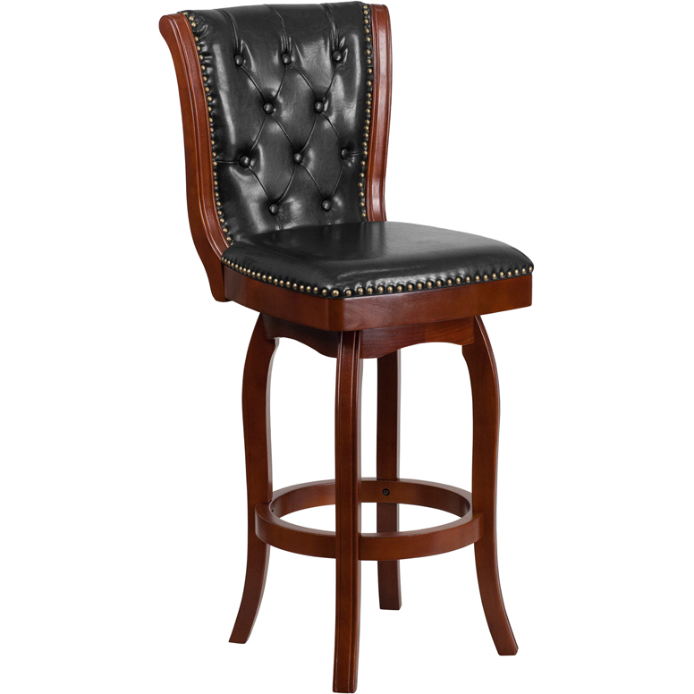 30 High Cherry Wood Barstool With Button Tufted Back And Black LeatherSoft Swivel Seat TA-240130-CHY-GG