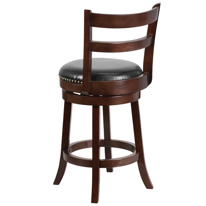 26 High Cappuccino Wood Counter Height Stool With Single Slat Ladder Back And Black LeatherSoft Swivel Seat TA-16026-CA-GG