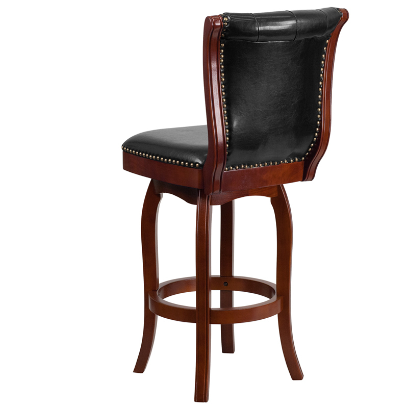 30 High Cherry Wood Barstool With Button Tufted Back And Black LeatherSoft Swivel Seat TA-240130-CHY-GG