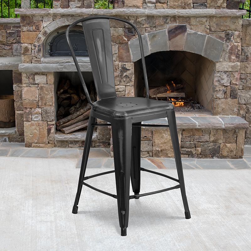 Commercial Grade 24 High Distressed Black Metal Indoor-Outdoor Counter Height Stool With Back ET-3534-24-BK-GG