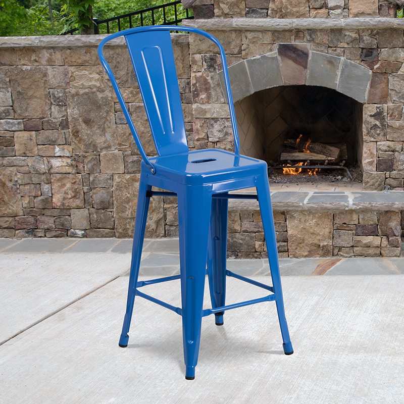 Commercial Grade 24 High Blue Metal Indoor-Outdoor Counter Height Stool With Removable Back CH-31320-24GB-BL-GG