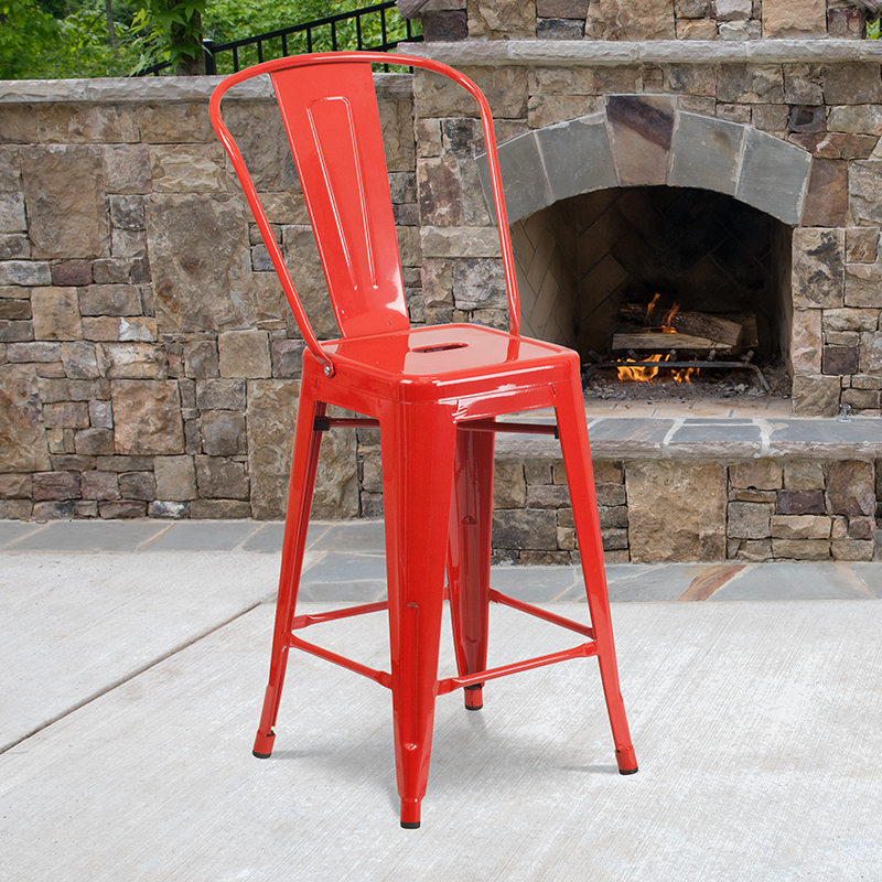 Commercial Grade 24 High Red Metal Indoor-Outdoor Counter Height Stool With Removable Back CH-31320-24GB-RED-GG