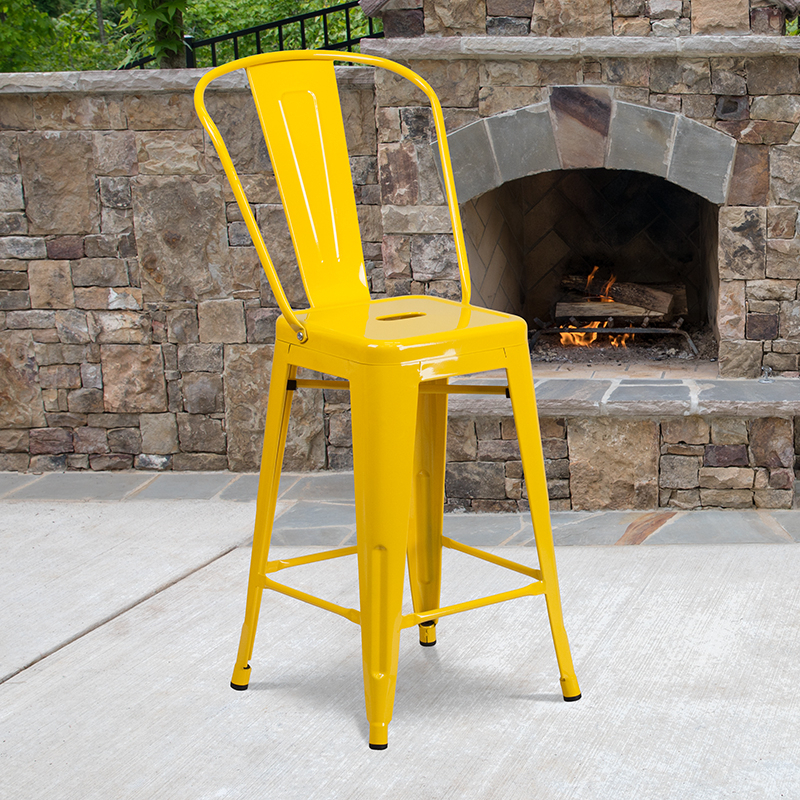 Commercial Grade 24 High Yellow Metal Indoor-Outdoor Counter Height Stool With Removable Back CH-31320-24GB-YL-GG