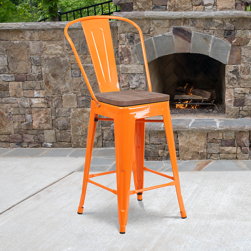 24 High Orange Metal Counter Height Stool With Back And Wood Seat CH-31320-24GB-OR-WD-GG