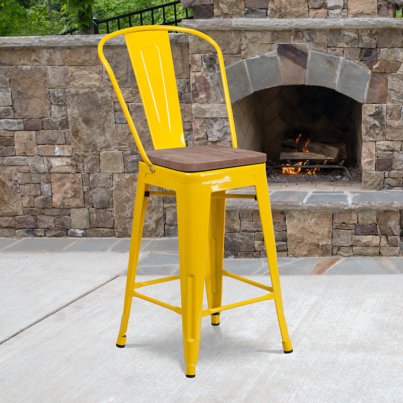 24 High Yellow Metal Counter Height Stool With Back And Wood Seat CH-31320-24GB-YL-WD-GG