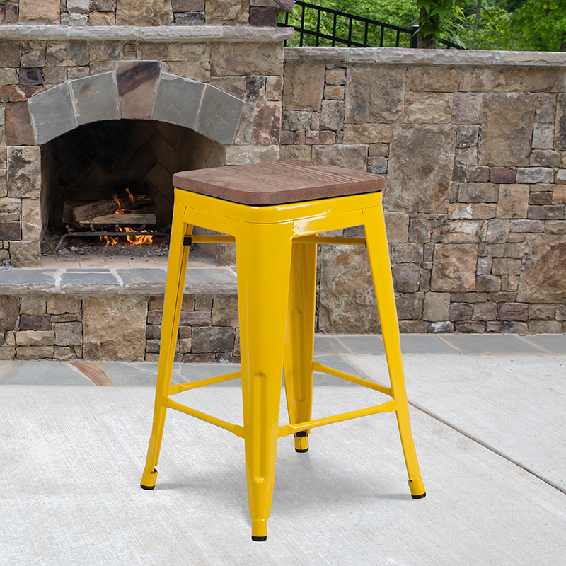24 High Backless Yellow Metal Counter Height Stool With Square Wood Seat CH-31320-24-YL-WD-GG