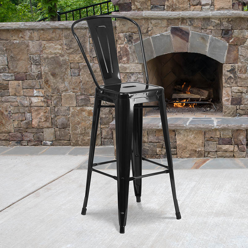 Commercial Grade 30 High Black Metal Indoor-Outdoor Barstool With Removable Back CH-31320-30GB-BK-GG