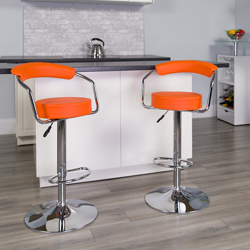 Contemporary Orange Vinyl Adjustable Height Barstool With Arms And Chrome Base CH-TC3-1060-ORG-GG
