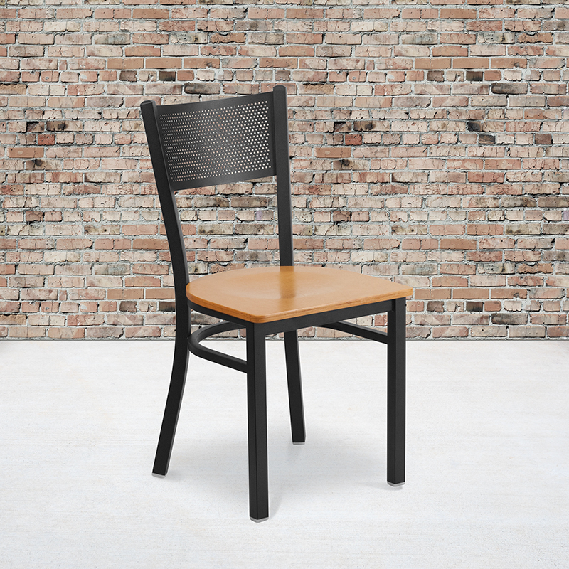 HERCULES Series Black Grid Back Metal Restaurant Chair - Natural Wood Seat XU-DG-60115-GRD-NATW-GG