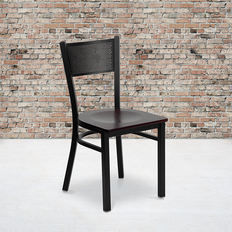 HERCULES Series Black Grid Back Metal Restaurant Chair - Mahogany Wood Seat XU-DG-60115-GRD-MAHW-GG