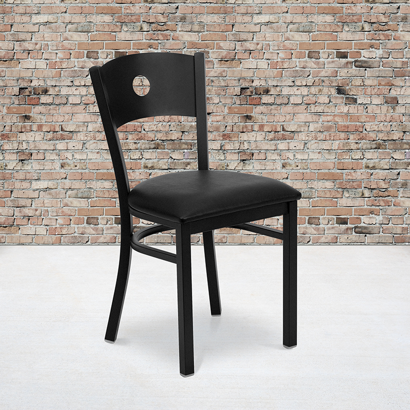 HERCULES Series Black Circle Back Metal Restaurant Chair - Black Vinyl Seat XU-DG-60119-CIR-BLKV-GG