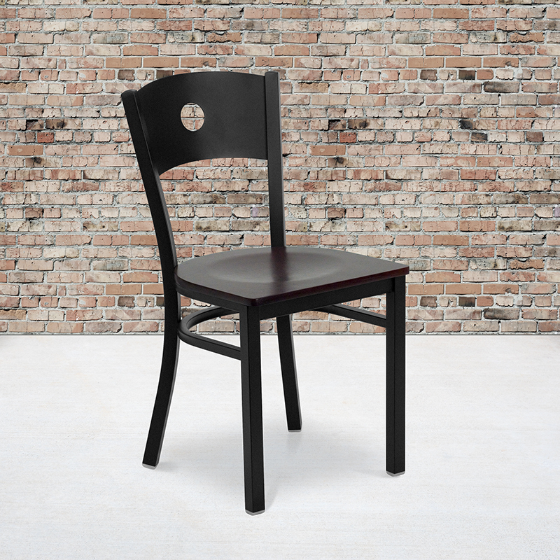 HERCULES Series Black Circle Back Metal Restaurant Chair - Mahogany Wood Seat XU-DG-60119-CIR-MAHW-GG