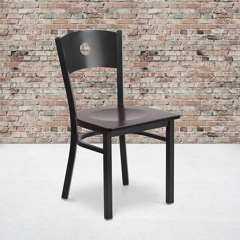 HERCULES Series Black Circle Back Metal Restaurant Chair - Walnut Wood Seat XU-DG-60119-CIR-WALW-GG