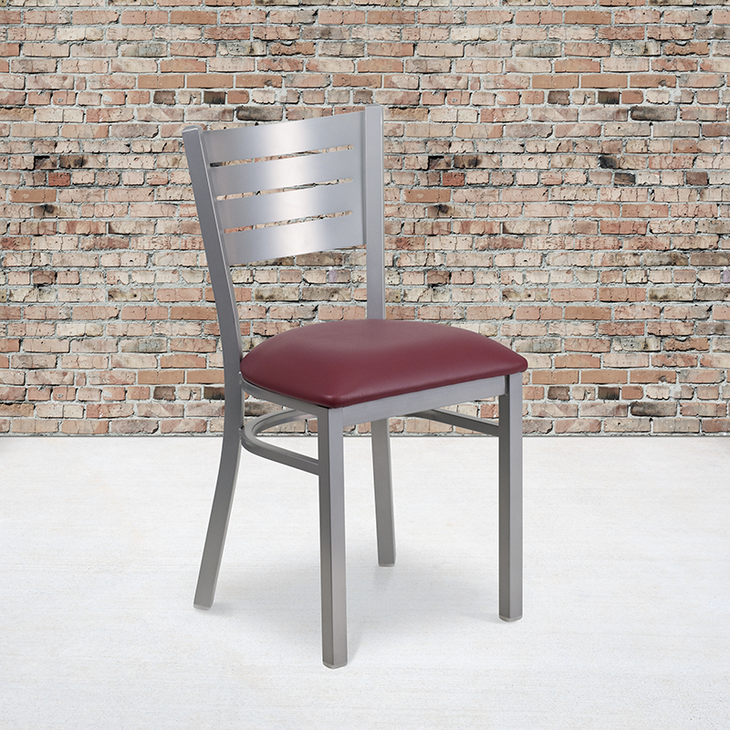 HERCULES Series Silver Slat Back Metal Restaurant Chair - Burgundy Vinyl Seat XU-DG-60401-BURV-GG