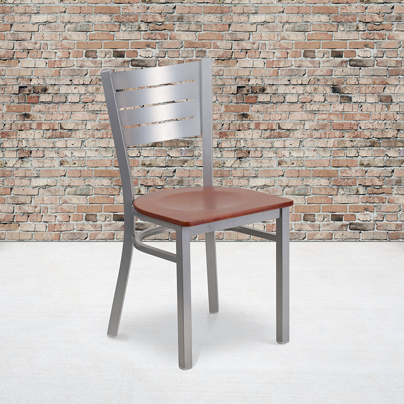 HERCULES Series Silver Slat Back Metal Restaurant Chair - Cherry Wood Seat XU-DG-60401-CHYW-GG