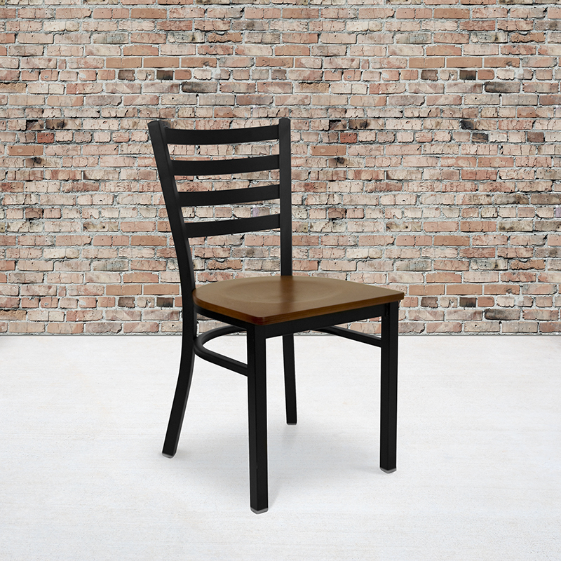 HERCULES Series Black Ladder Back Metal Restaurant Chair - Cherry Wood Seat XU-DG694BLAD-CHYW-GG