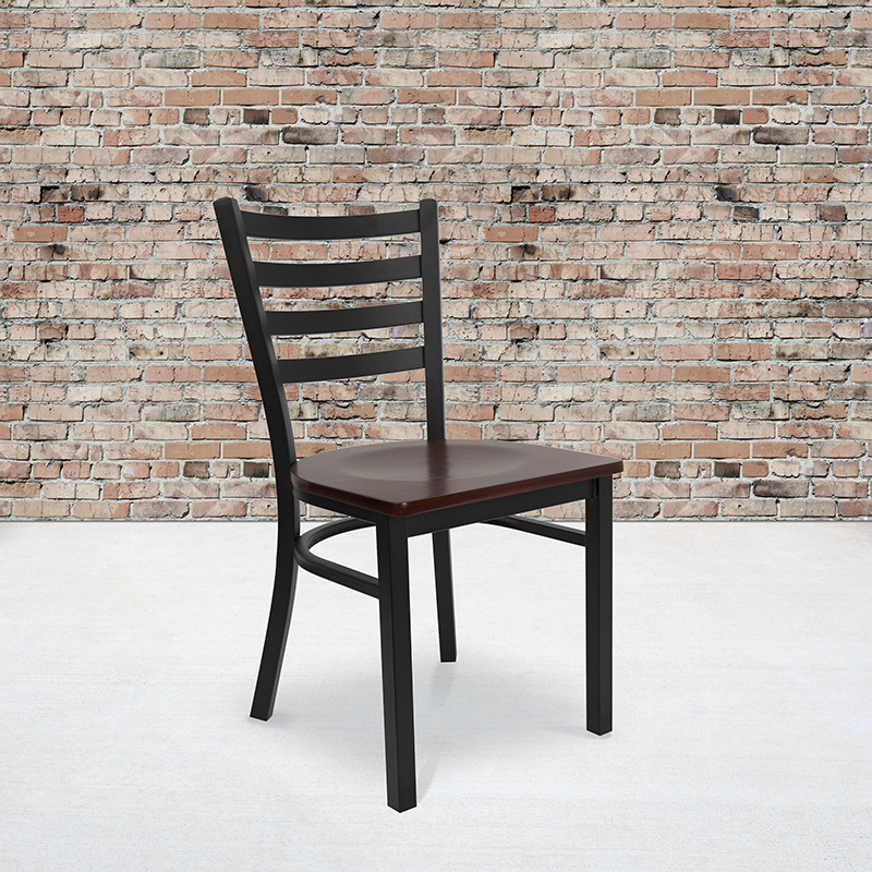 HERCULES Series Black Ladder Back Metal Restaurant Chair - Mahogany Wood Seat XU-DG694BLAD-MAHW-GG
