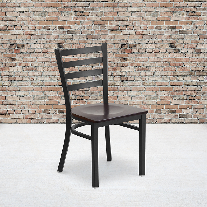 HERCULES Series Black Ladder Back Metal Restaurant Chair - Walnut Wood Seat XU-DG694BLAD-WALW-GG