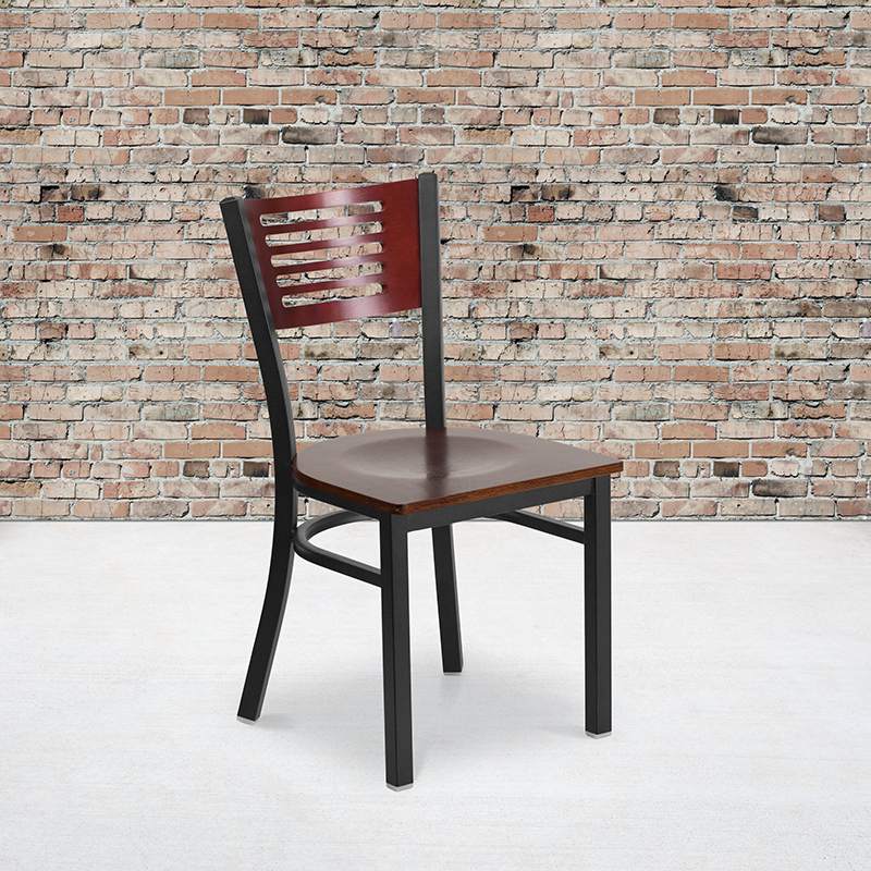 HERCULES Series Black Slat Back Metal Restaurant Chair - Mahogany Wood Back And Seat XU-DG-6G5B-MAH-MTL-GG