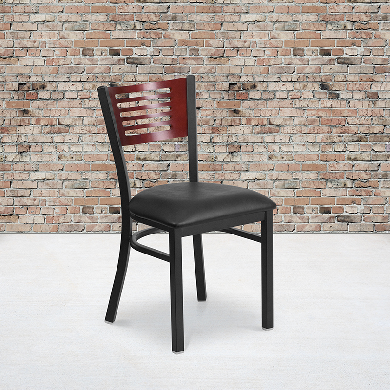 HERCULES Series Black Slat Back Metal Restaurant Chair - Mahogany Wood Back, Black Vinyl Seat XU-DG-6G5B-MAH-BLKV-GG