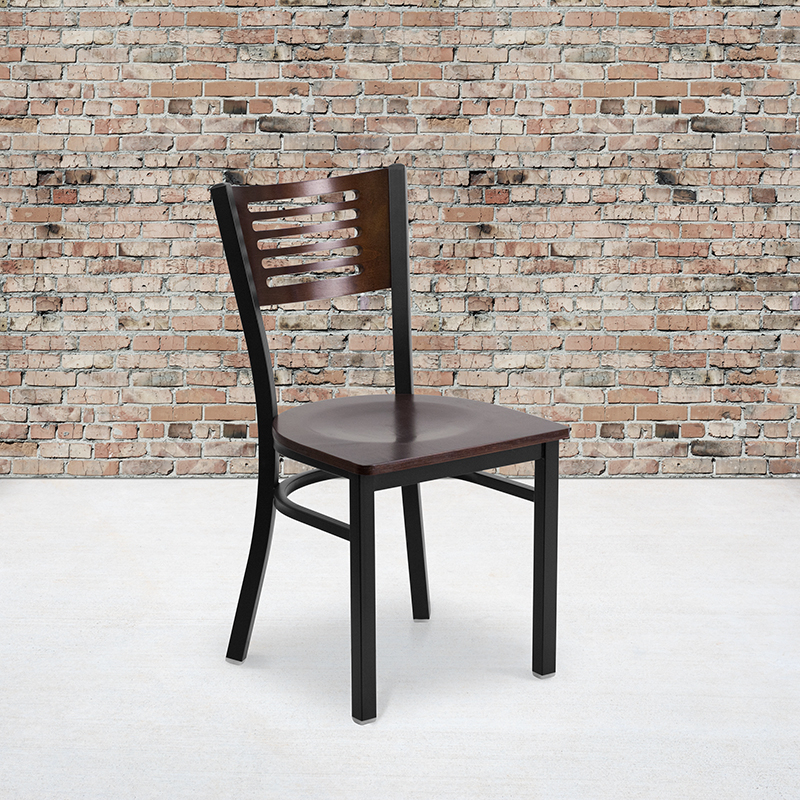 HERCULES Series Black Slat Back Metal Restaurant Chair - Walnut Wood Back And Seat XU-DG-6G5B-WAL-MTL-GG